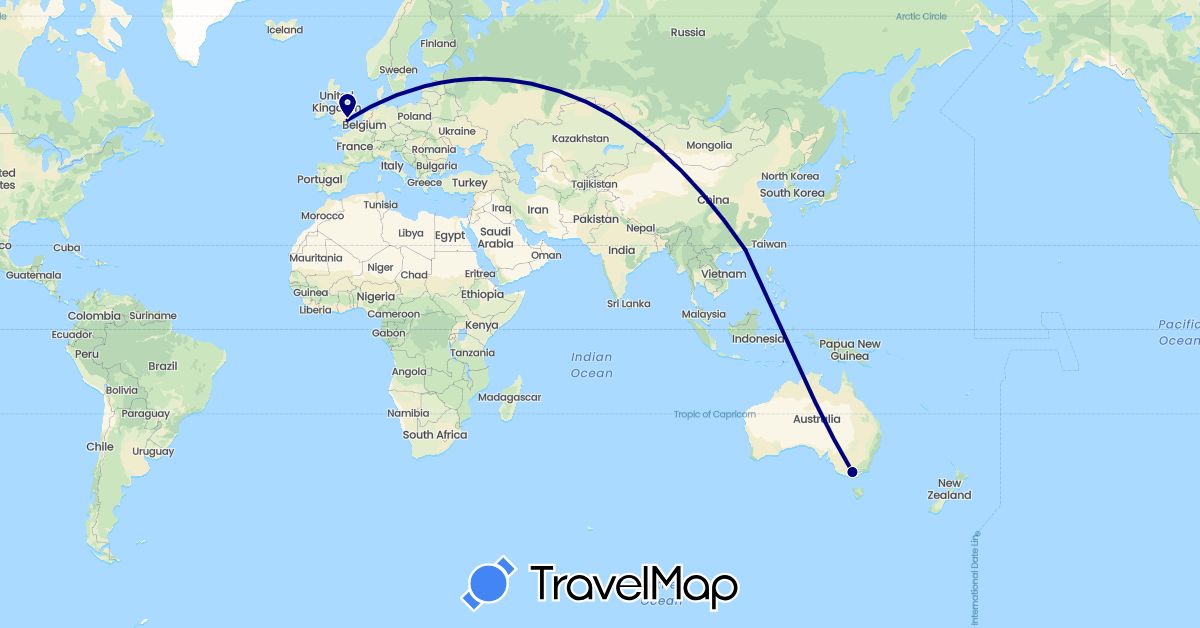 TravelMap itinerary: driving in Australia, China, United Kingdom (Asia, Europe, Oceania)